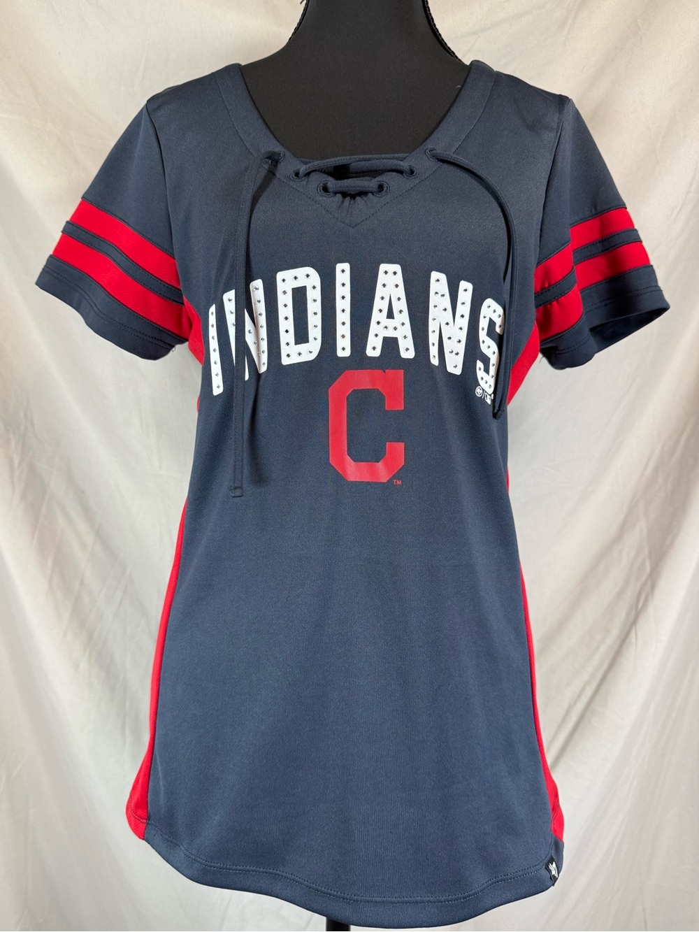 ‘47 Brand Cleveland‎ Indians V-Neck Bling Jersey Tie T-Shirt - Navy - Medium